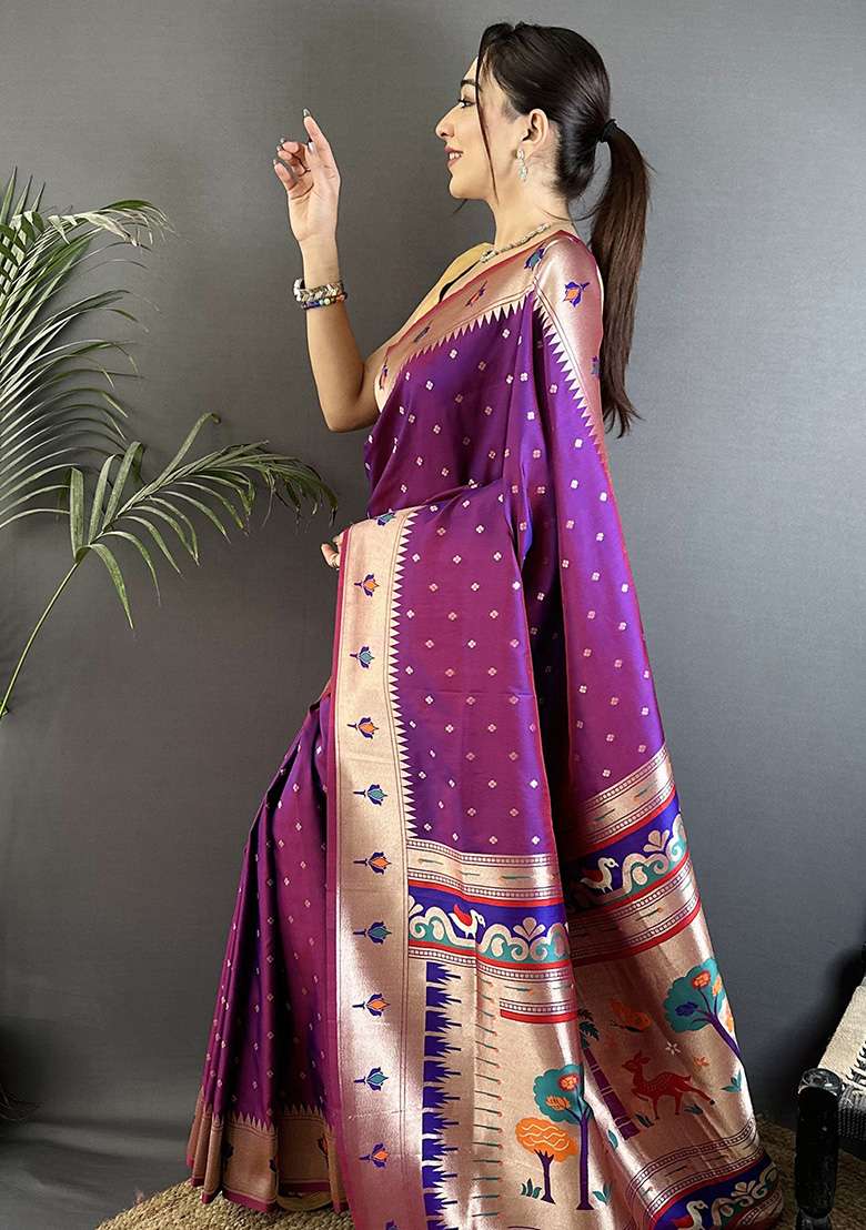 Magenta Peacock & Floral Motifs Silk Blend Saree Set for Diwali | Wedding & Festive Wear - Indya