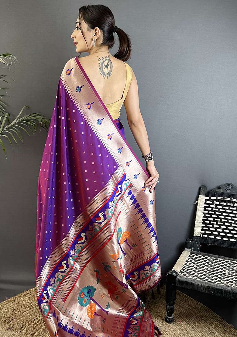 Magenta Peacock & Floral Motifs Silk Blend Saree Set for Diwali | Wedding & Festive Wear - Indya