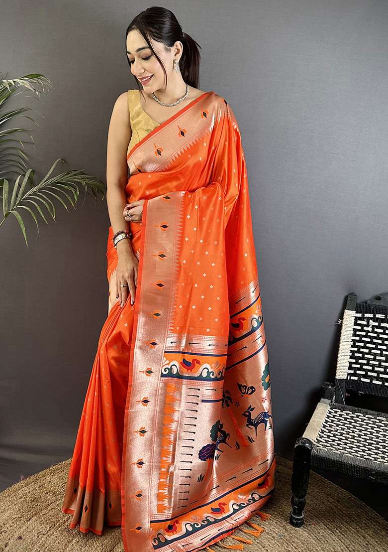 Orange Peacock & Floral Motifs Silk Blend Saree Set for Diwali and Festive Wear - Indya