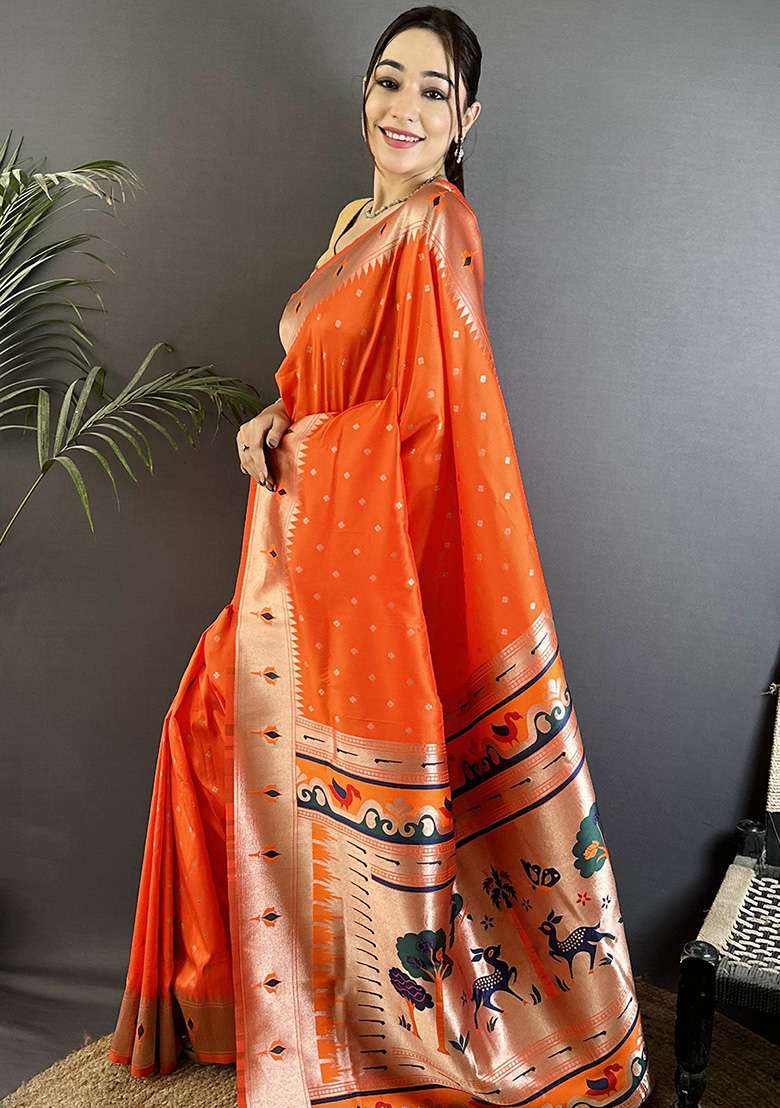Orange Peacock & Floral Motifs Silk Blend Saree Set for Diwali and Festive Wear - Indya