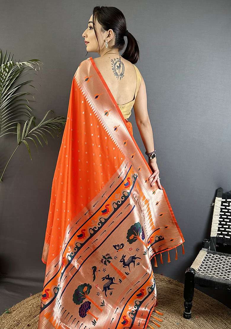 Orange Peacock & Floral Motifs Silk Blend Saree Set for Diwali and Festive Wear - Indya