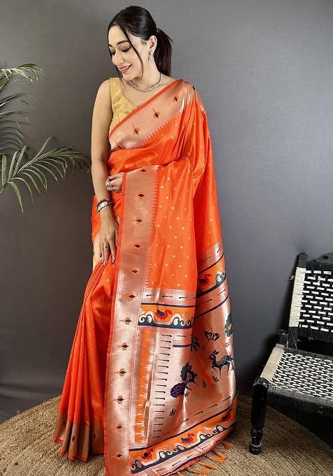 Orange Peacock & Floral Motifs Silk Saree Set