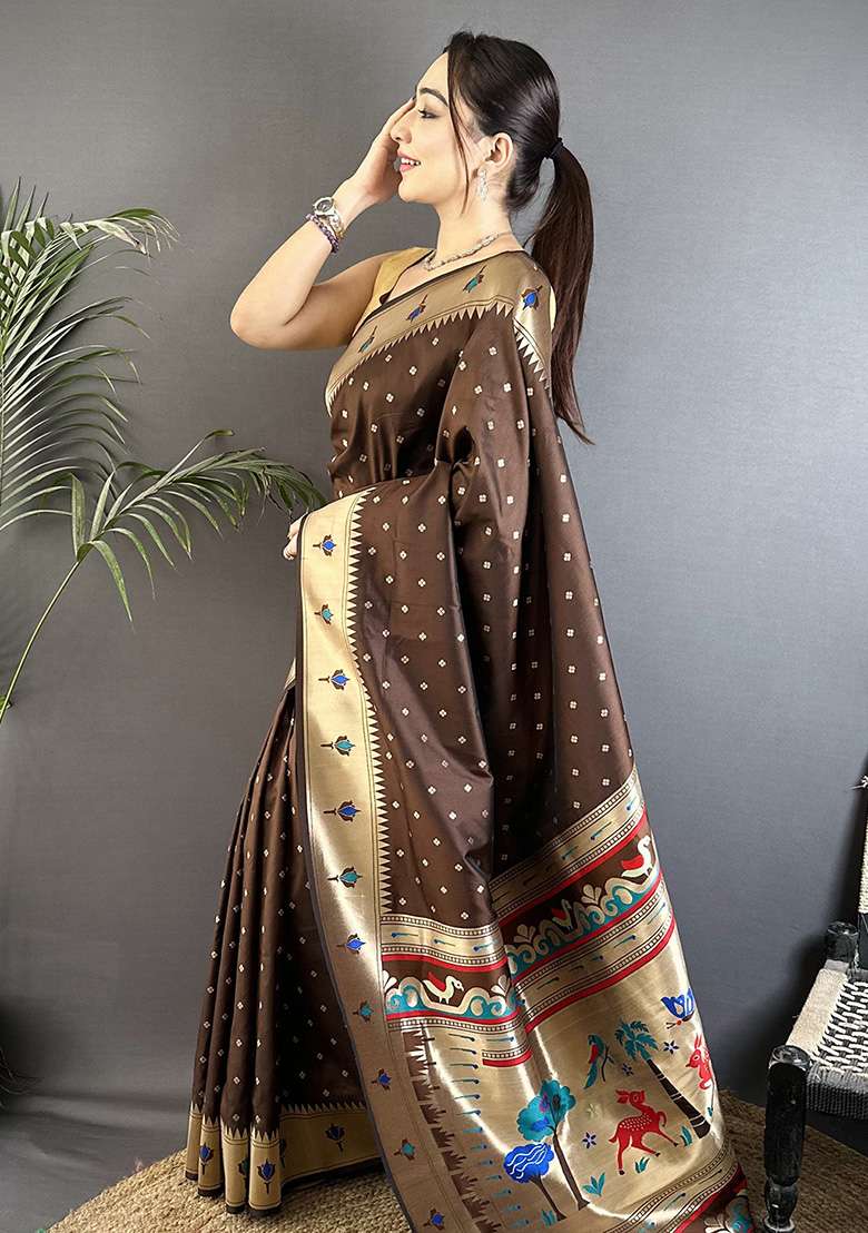 Brown Peacock & Floral Motifs Silk Blend Saree Set for Diwali | Wedding & Festive Wear - Indya