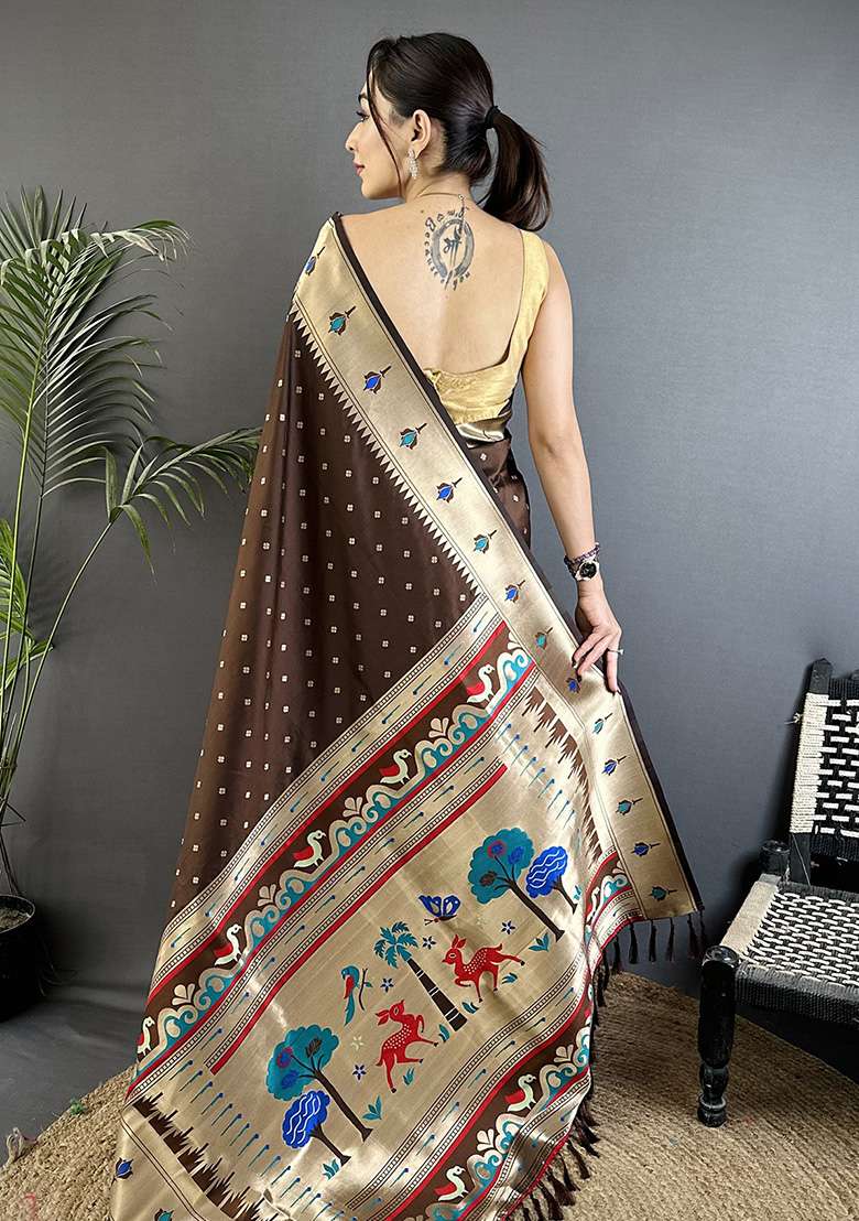 Brown Peacock & Floral Motifs Silk Blend Saree Set for Diwali | Wedding & Festive Wear - Indya