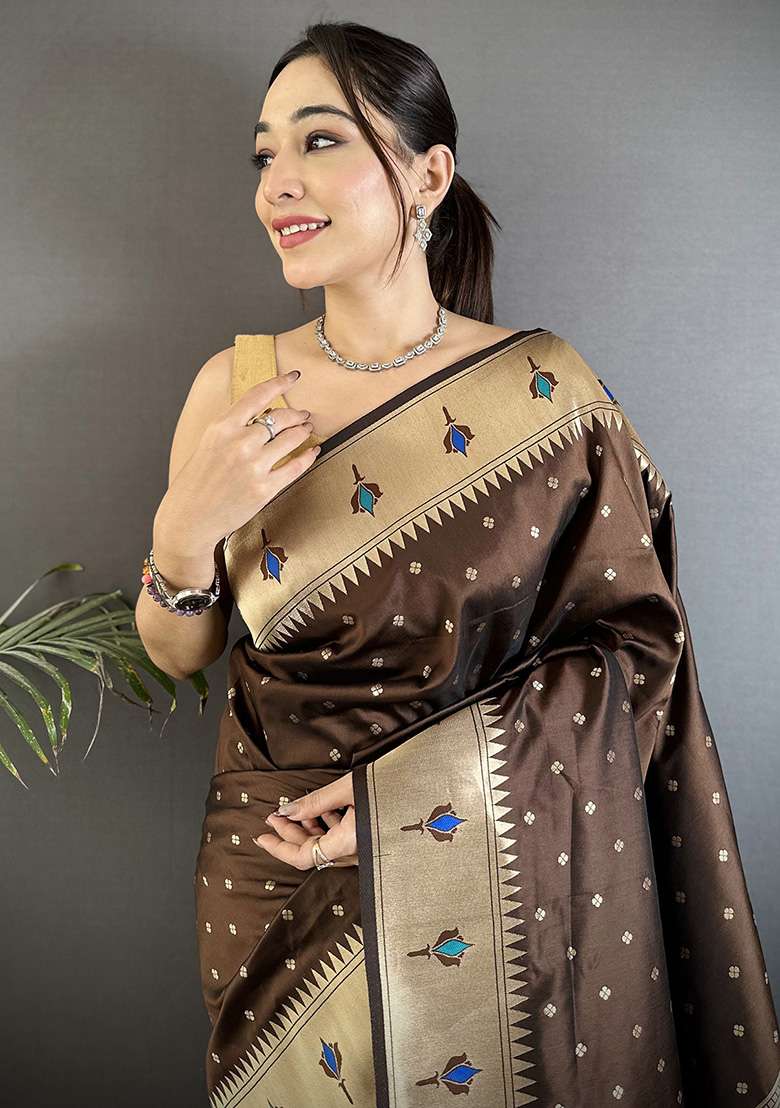 Brown Peacock & Floral Motifs Silk Blend Saree Set for Diwali | Wedding & Festive Wear - Indya