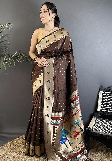 Brown Peacock & Floral Motifs Silk Saree Set