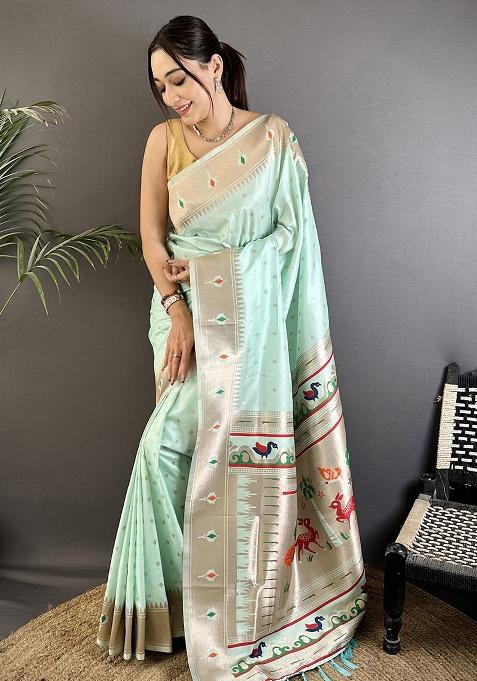 Sea Green Peacock & Floral Motifs Silk Saree Set