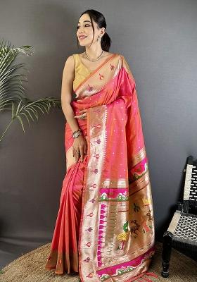 Rose Pink Peacock & Floral Motifs Silk Saree Set