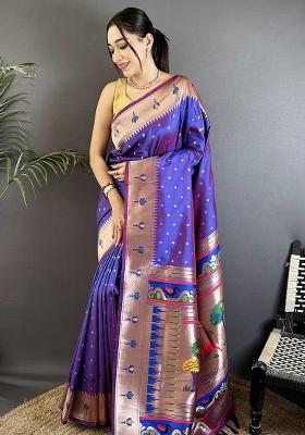 Purple Peacock & Floral Motifs Silk Saree Set