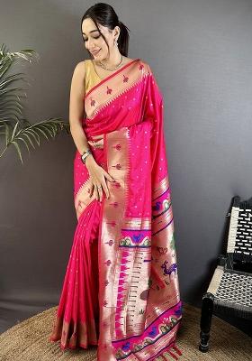 Rani Pink Peacock & Floral Motifs Silk Saree Set