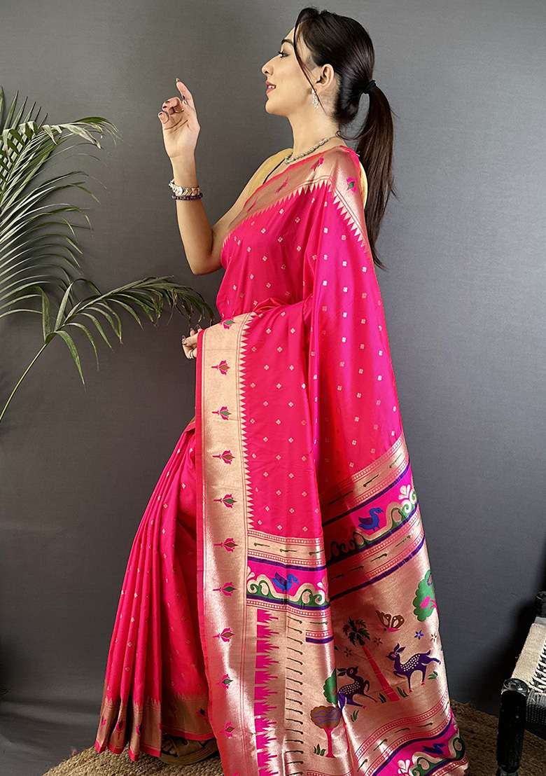 Rani Pink Peacock & Floral Motifs Silk Blend Saree Set for Diwali and Festive Wear - Indya