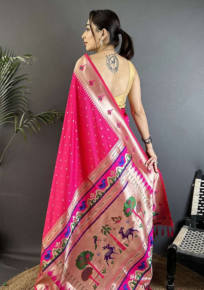 Rani Pink Peacock & Floral Motifs Silk Blend Saree Set for Diwali and Festive Wear - Indya