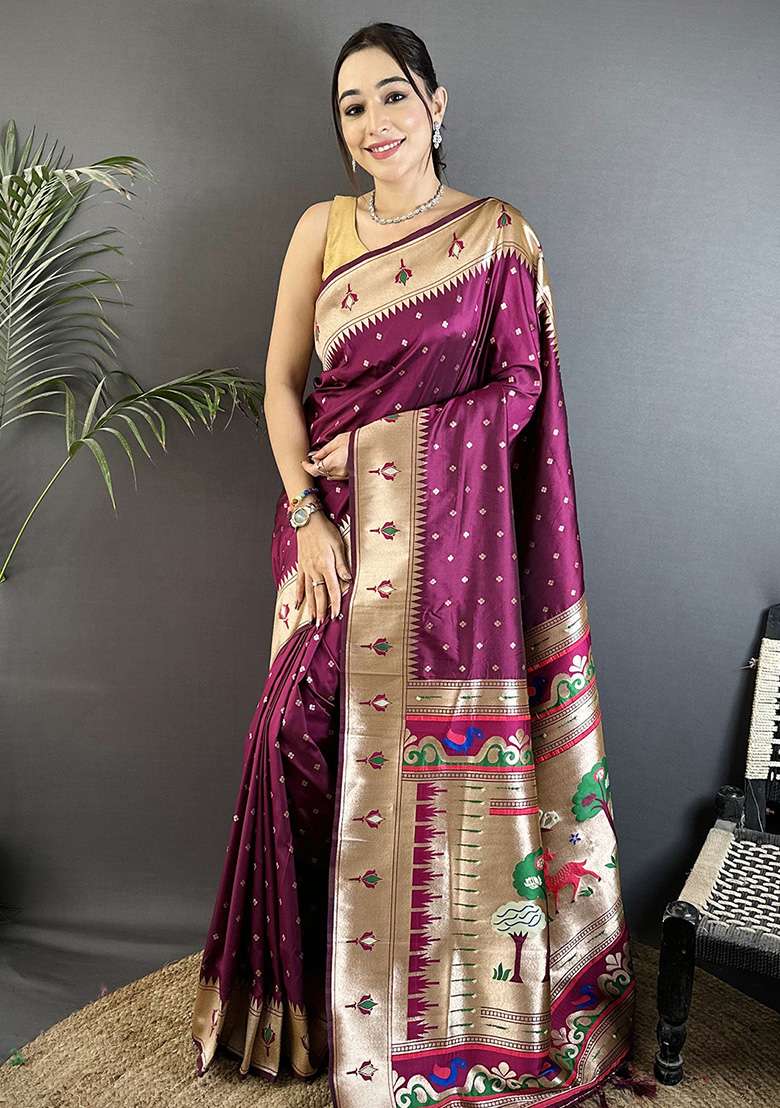 Wine Peacock & Floral Motifs Silk Blend Saree Set for Diwali | Wedding & Festive Wear - Indya