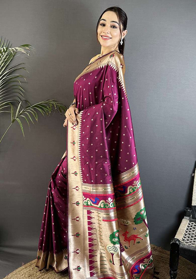Wine Peacock & Floral Motifs Silk Blend Saree Set for Diwali | Wedding & Festive Wear - Indya