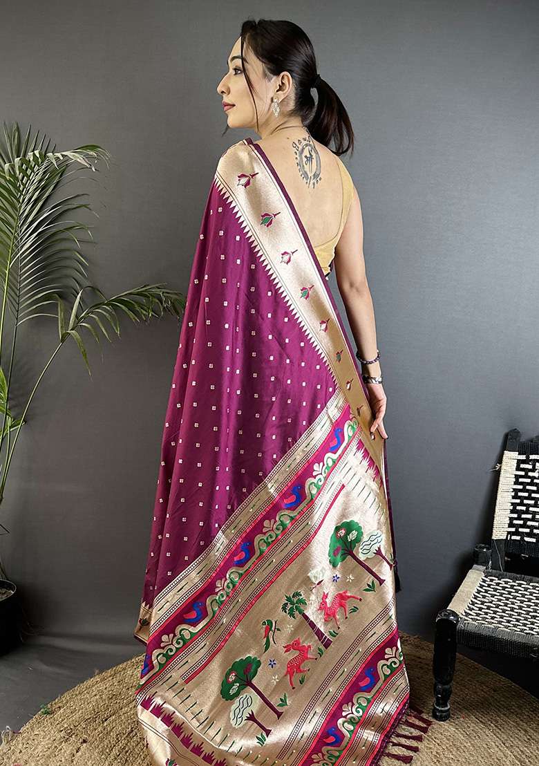 Wine Peacock & Floral Motifs Silk Blend Saree Set for Diwali | Wedding & Festive Wear - Indya