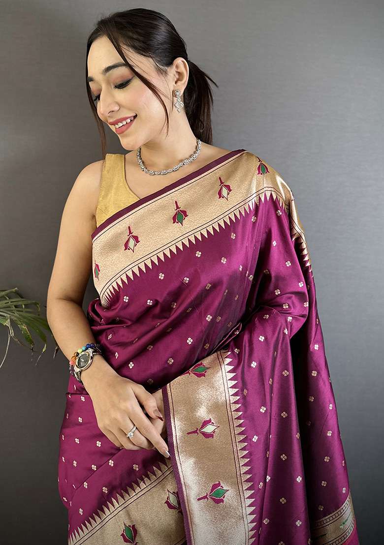 Wine Peacock & Floral Motifs Silk Blend Saree Set for Diwali | Wedding & Festive Wear - Indya