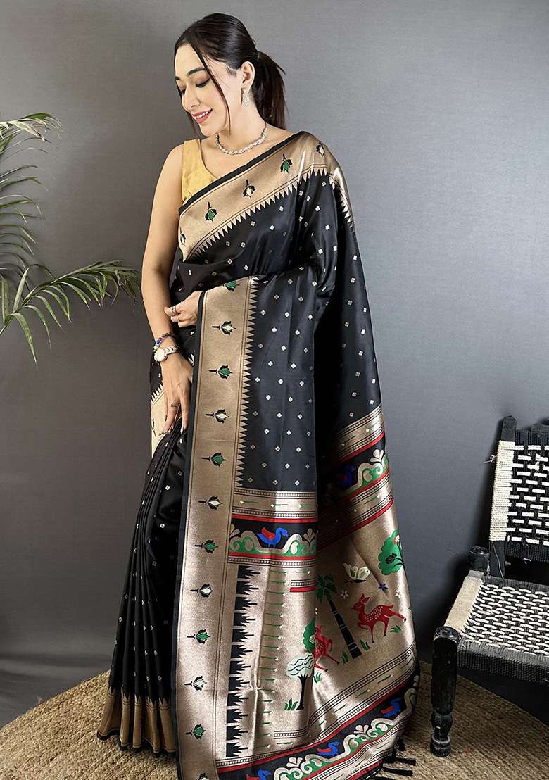 Black Peacock & Floral Motifs Silk Blend Saree Set for Diwali and Festive Wear - Indya