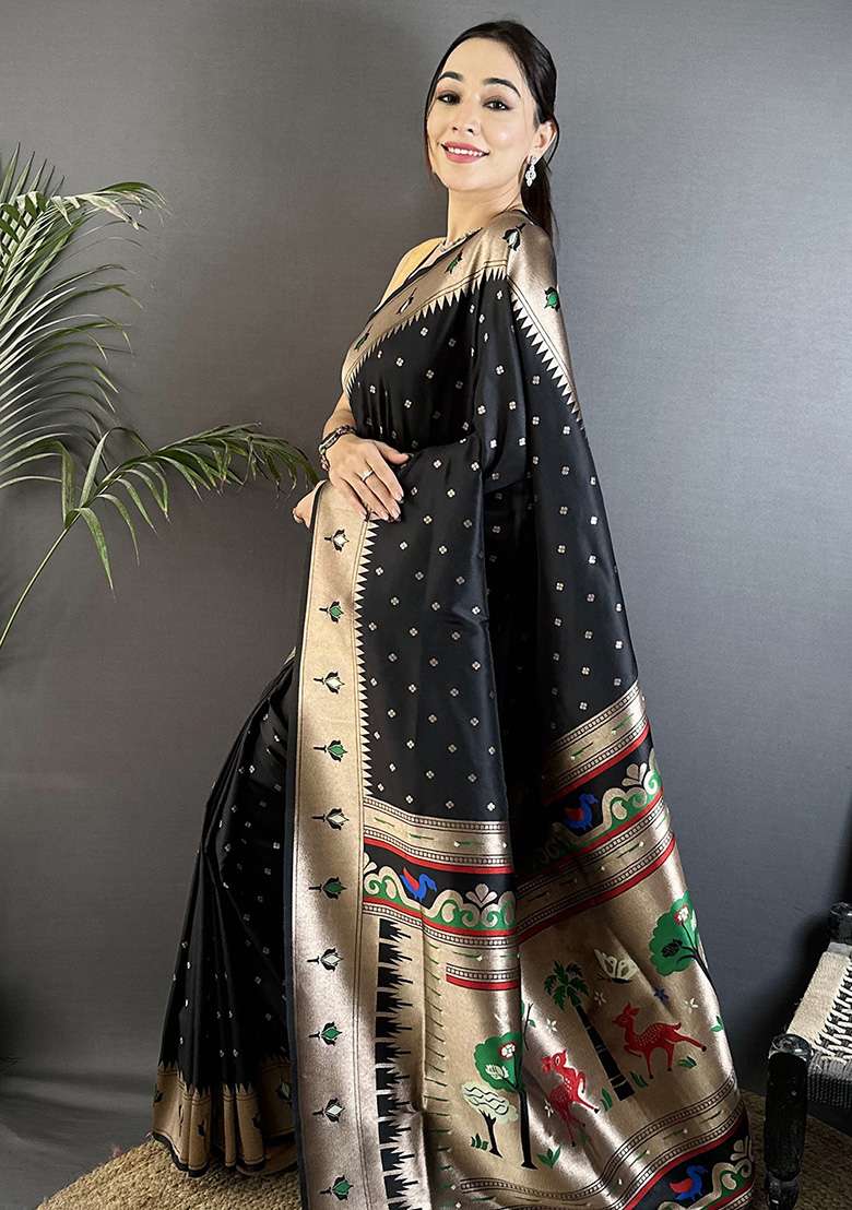 Black Peacock & Floral Motifs Silk Blend Saree Set for Diwali and Festive Wear - Indya