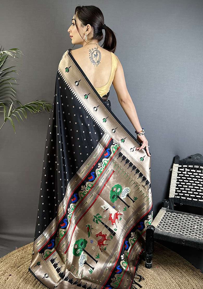 Black Peacock & Floral Motifs Silk Blend Saree Set for Diwali and Festive Wear - Indya