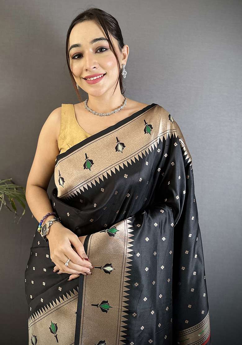 Black Peacock & Floral Motifs Silk Blend Saree Set for Diwali and Festive Wear - Indya