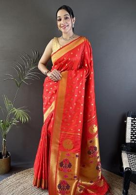 Red Polka Dot Silk Saree Set