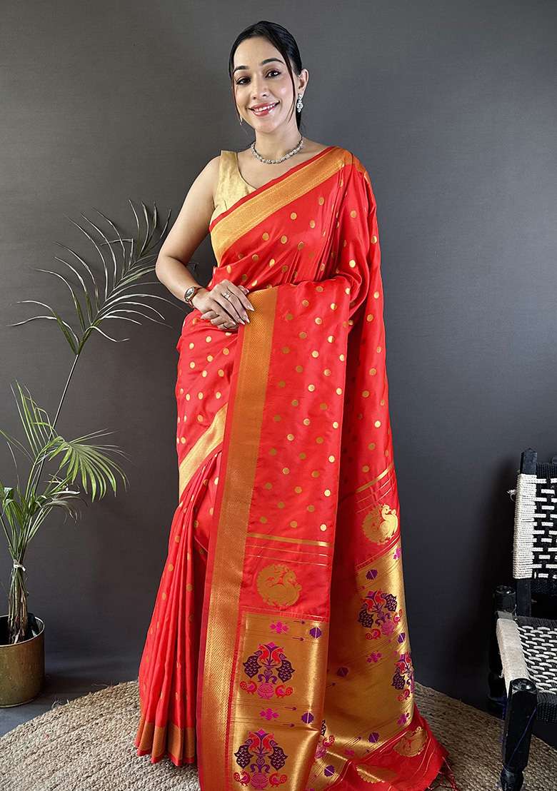 Red Polka Dot Silk Blend Saree Set for Diwali and Festive Wear - Indya
