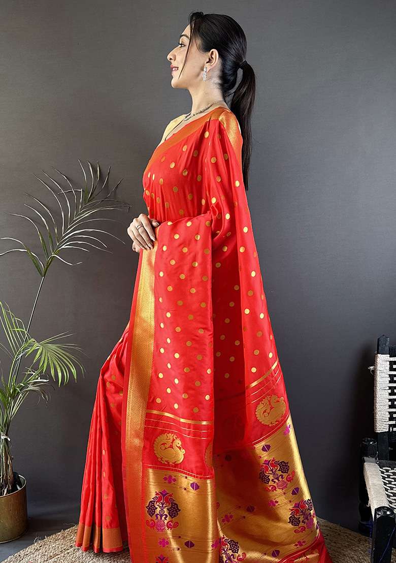 Red Polka Dot Silk Blend Saree Set for Diwali and Festive Wear - Indya