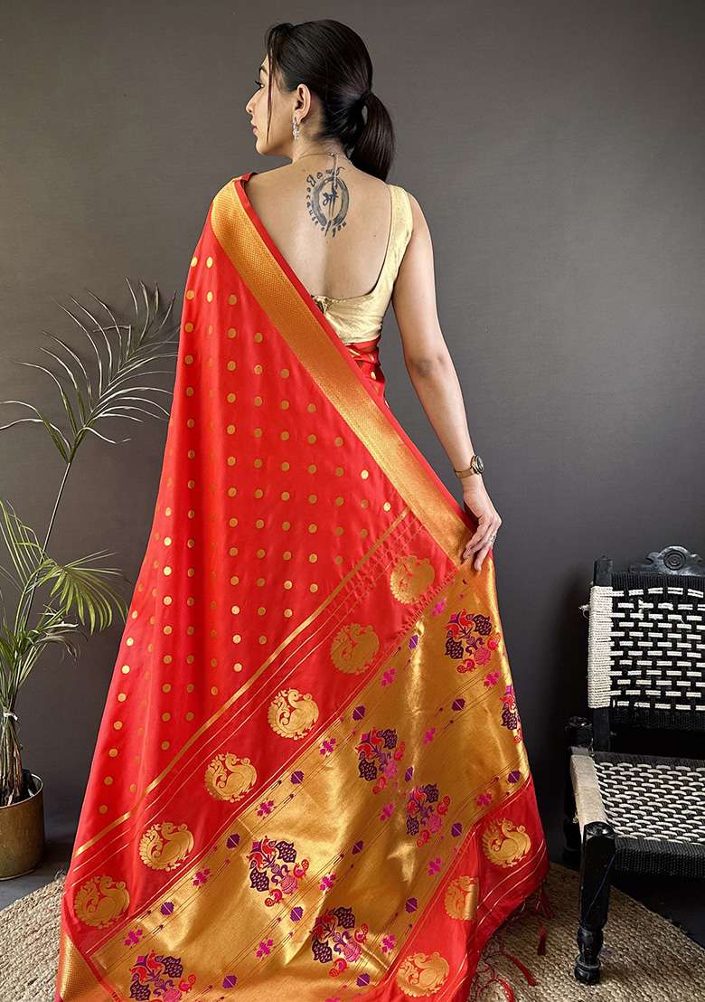 Red Polka Dot Silk Blend Saree Set for Diwali and Festive Wear - Indya