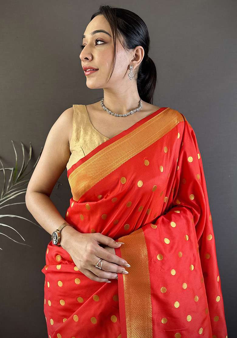 Red Polka Dot Silk Blend Saree Set for Diwali and Festive Wear - Indya