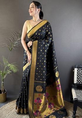 Black Polka Dot Silk Saree Set