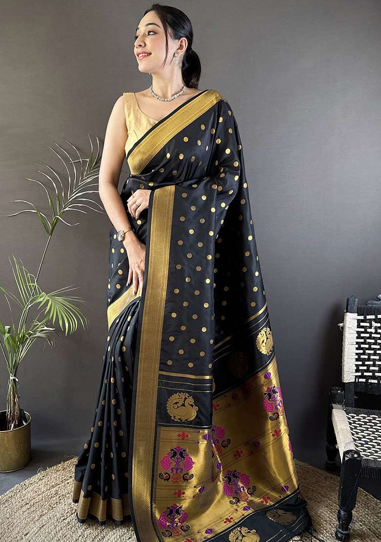 Black Polka Dot Silk Blend Saree Set for Diwali and Festive Wear - Indya