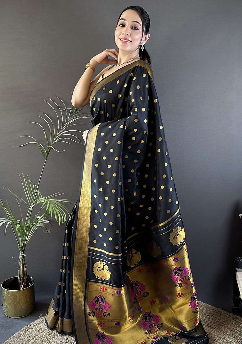 Black Polka Dot Silk Blend Saree Set for Diwali and Festive Wear - Indya