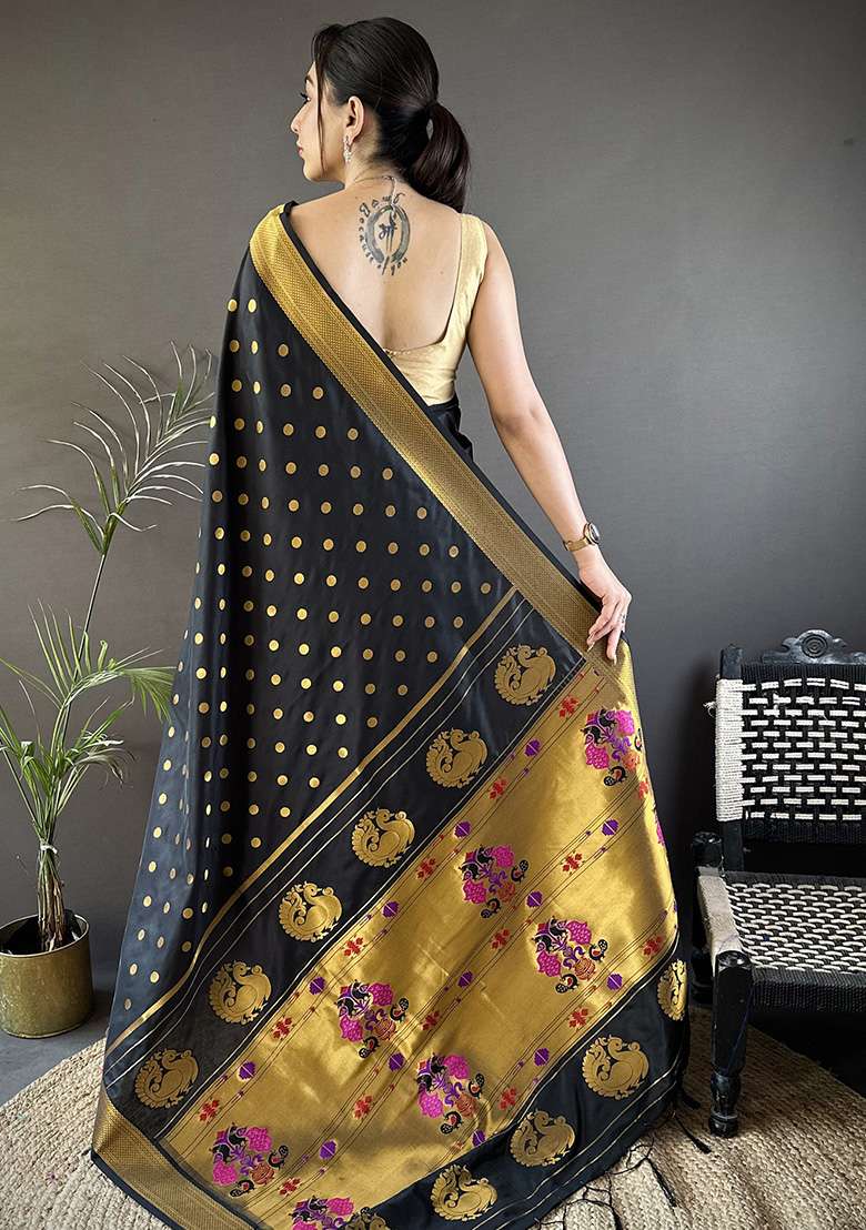 Black Polka Dot Silk Blend Saree Set for Diwali and Festive Wear - Indya