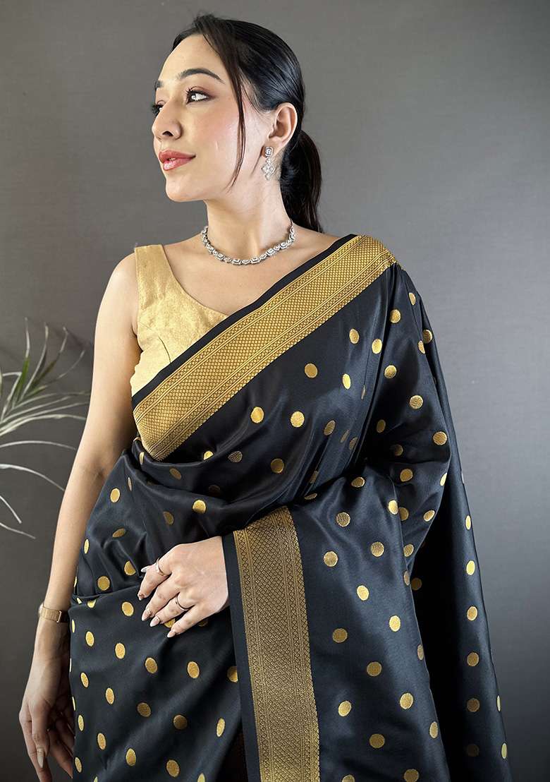 Black Polka Dot Silk Blend Saree Set for Diwali and Festive Wear - Indya