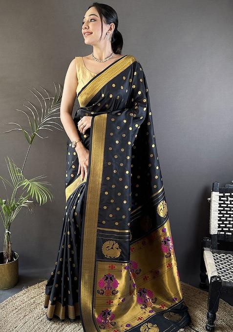 Black Polka Dot Silk Saree Set