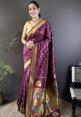 Wine Polka Dot Silk Saree Set