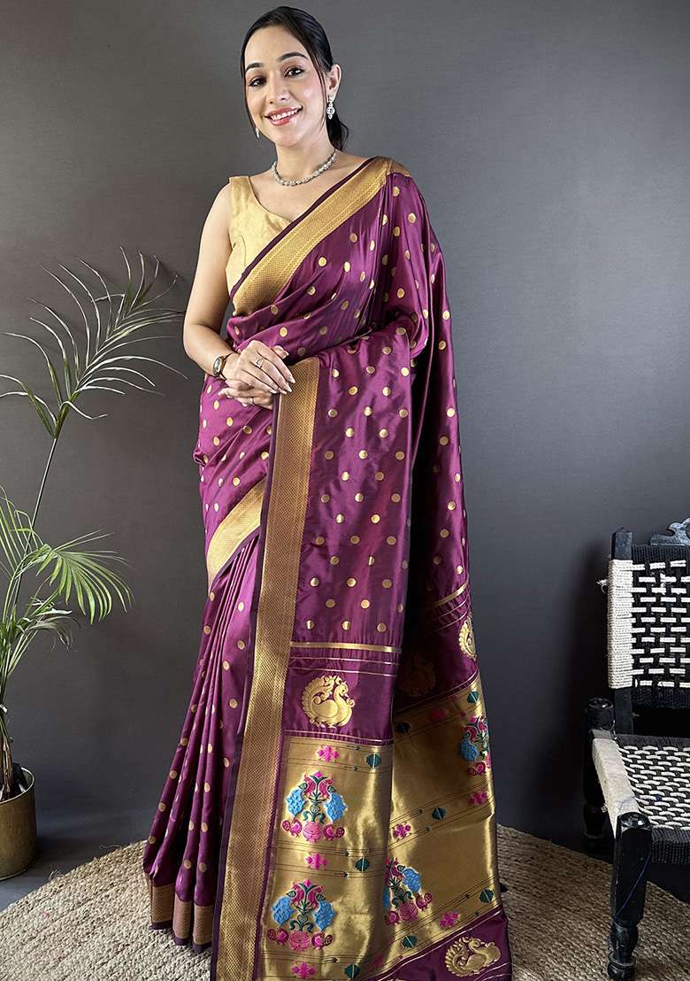 Wine Polka Dot Silk Blend Saree Set for Diwali | Wedding & Festive Wear - Indya