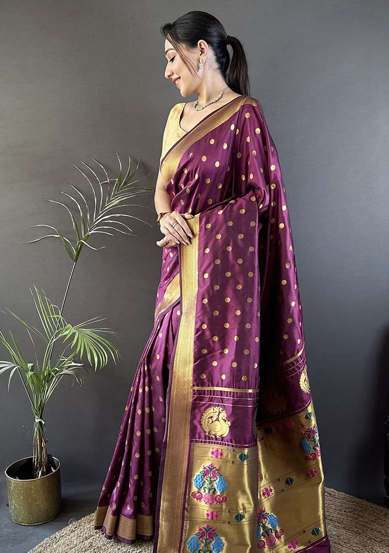 Wine Polka Dot Silk Blend Saree Set for Diwali | Wedding & Festive Wear - Indya
