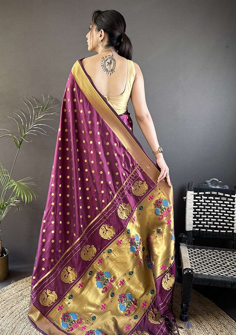 Wine Polka Dot Silk Blend Saree Set for Diwali | Wedding & Festive Wear - Indya
