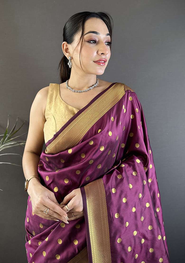 Wine Polka Dot Silk Blend Saree Set for Diwali | Wedding & Festive Wear - Indya