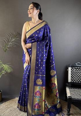 Royal Blue Polka Dot Silk Saree Set