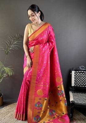 Hot Pink Polka Dot Silk Saree Set