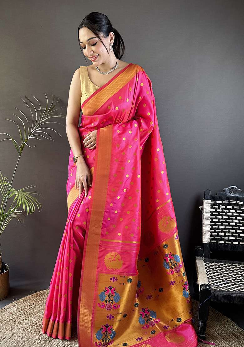 Hot Pink Polka Dot Silk Blend Saree Set for Diwali and Festive Wear - Indya