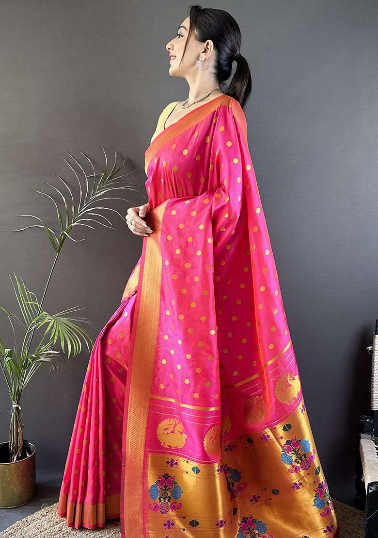 Hot Pink Polka Dot Silk Blend Saree Set for Diwali and Festive Wear - Indya