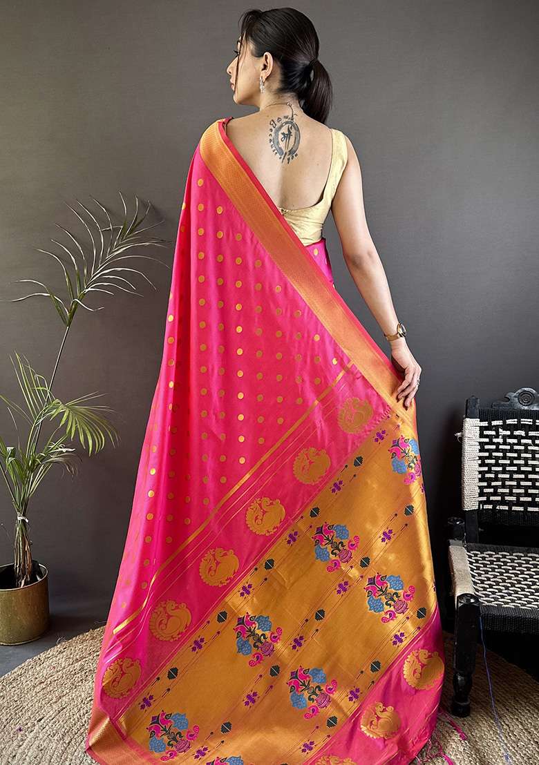 Hot Pink Polka Dot Silk Blend Saree Set for Diwali and Festive Wear - Indya