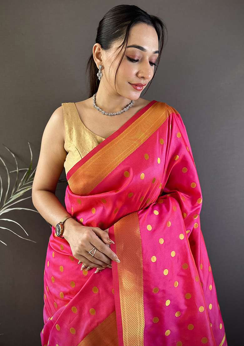 Hot Pink Polka Dot Silk Blend Saree Set for Diwali and Festive Wear - Indya