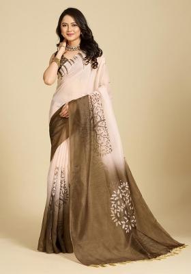 Cream And Brown Embroidery Linen Saree Set