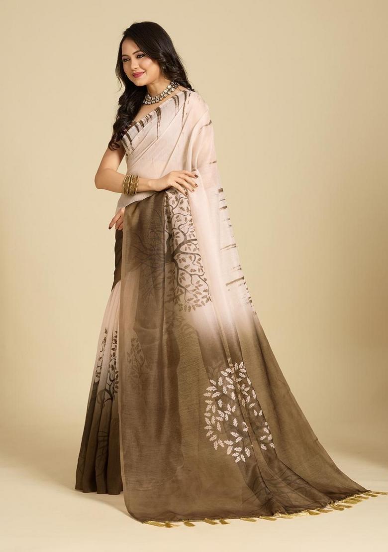 Cream And Brown Embroidery Linen Saree Set - Indya