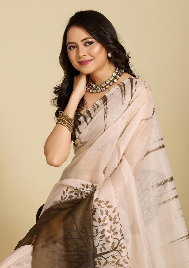Cream And Brown Embroidery Linen Saree Set - Indya