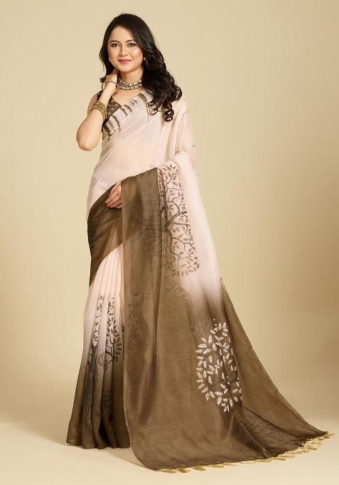 Cream And Brown Embroidery Linen Saree Set